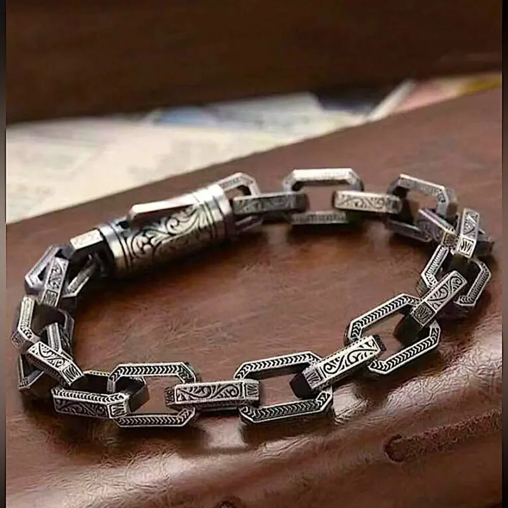 Stainless Steel Chain Link Bracelet, Mantra, Curb Hand Woven Engraved